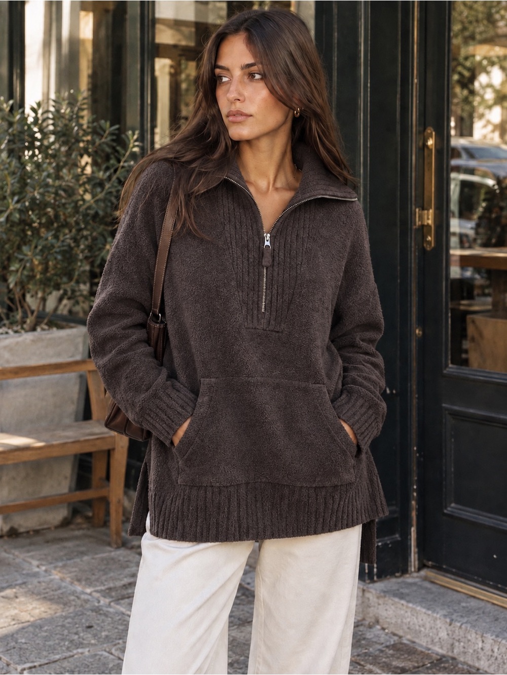Barefoot Dreams CozyChic Lite Half Zip Tunic Pullover Sweater Warm Charcoal XS